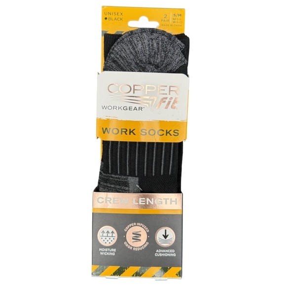 Copper Fit Work Crew Socks Unisex Black Advanced Cushioning S/M 2 Pair - Picture 2 of 8